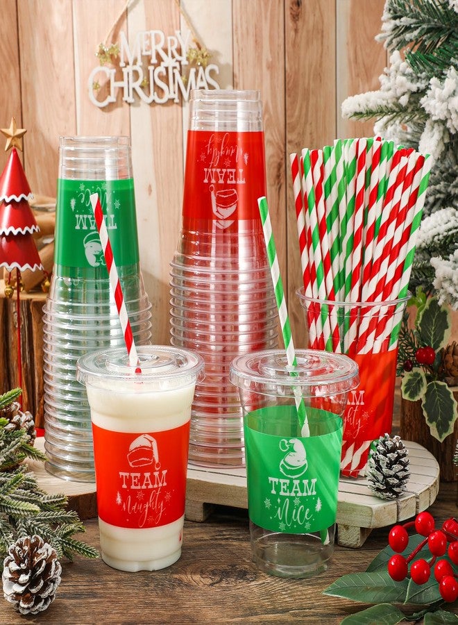 JarThenaAMCS 50Pcs 12Oz Christmas Plastic Cups with Lids & Straws Team Nice or Naughty Disposable Clear Drinking Cups for Winter Xmas Party Supplies - Image 4